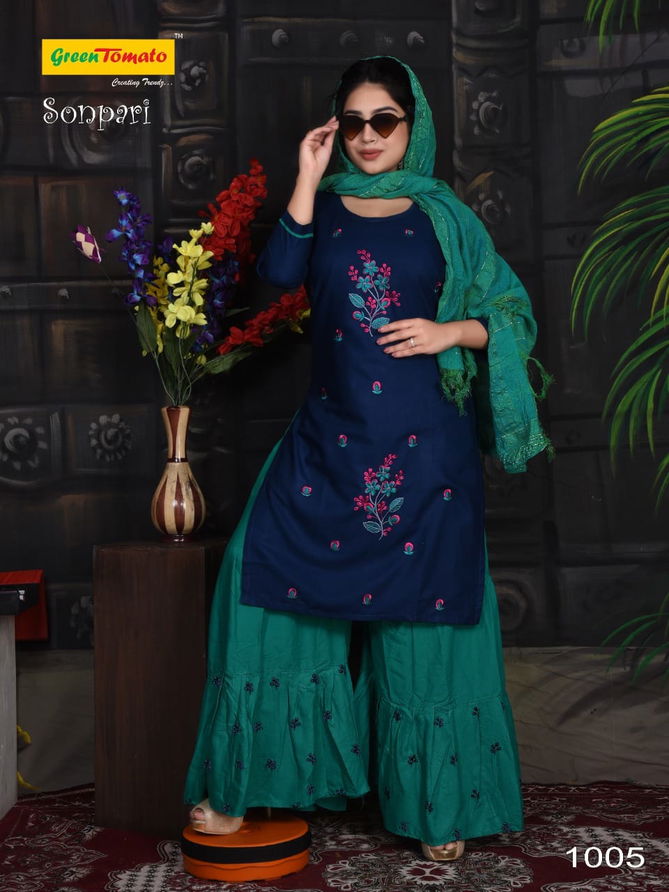 Green Tomato Sonpari Rayon Designer Fancy Ethnic Wear Kurti Sharara And Dupatta Collection